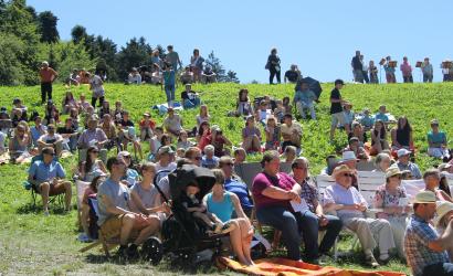 Menschen sitzen an einem Hang im Grünen